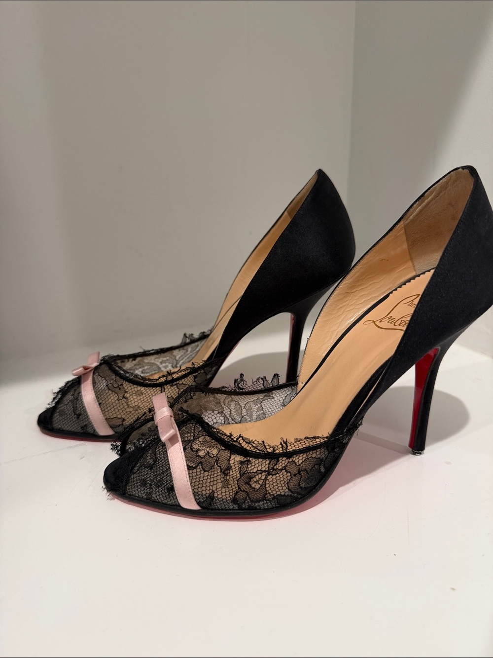 Christian Louboutin Black Lace Peep-Toe Heels with Pink Bow Accent - Picture 2 of 9